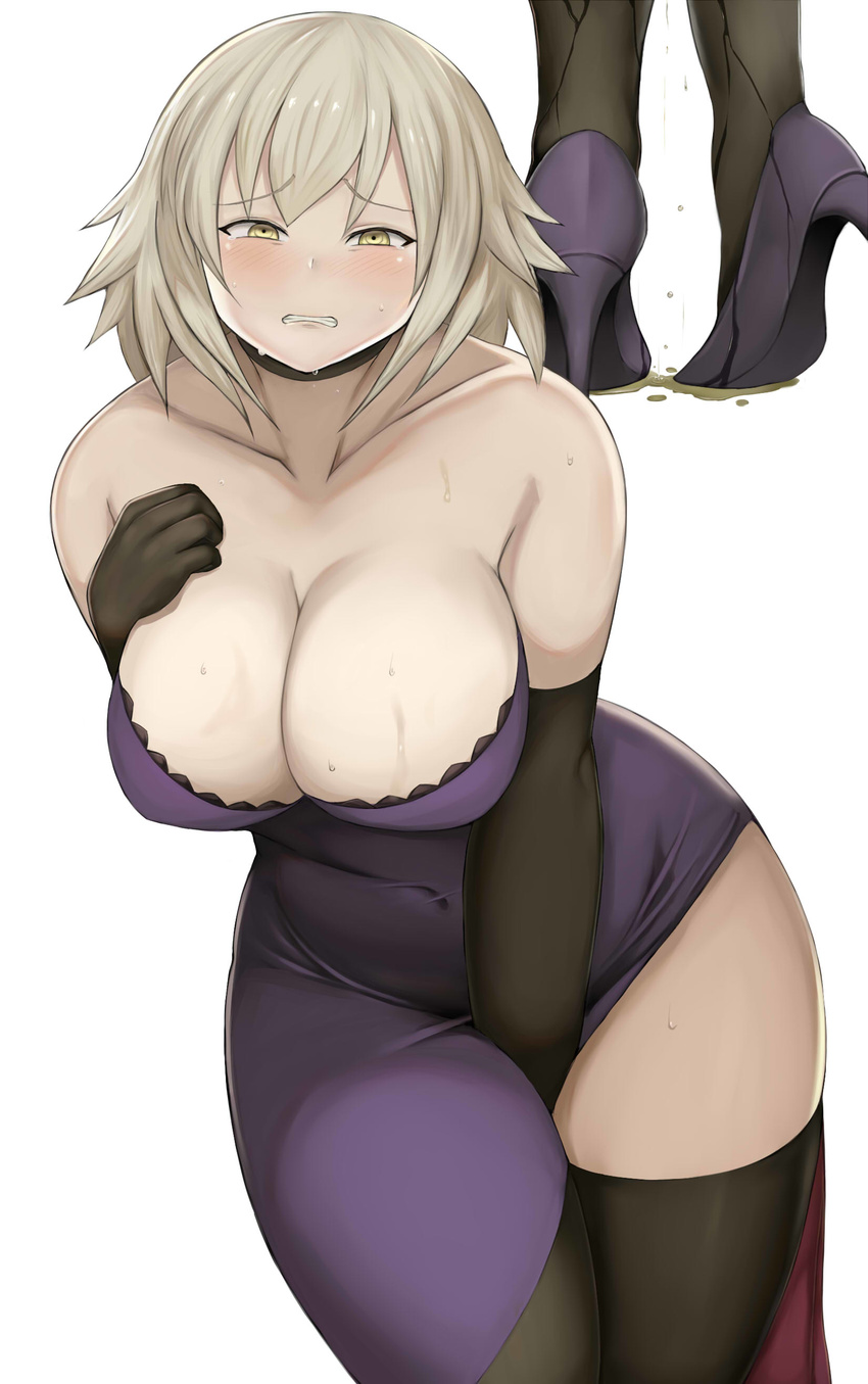 1girl absurdres artist_request bare_shoulders between_legs black_gloves black_legwear black_neckwear blush breasts choker cleavage clenched_teeth collarbone covered_navel curvy dress elbow_gloves eyebrows_visible_through_hair fate/grand_order fate_(series) female gloves half-closed_eyes hand_between_legs hand_on_own_chest hand_up have_to_pee high_heels jeanne_alter jpeg_artifacts large_breasts looking_at_viewer multiple_views navel peeing peeing_self pigeon-toed platinum_blonde purple_dress purple_footwear ruler_(fate/apocrypha) shoes short_hair simple_background standing strapless strapless_dress sweat tears teeth thick_thighs thighhighs white_background wide_hips yellow_eyes