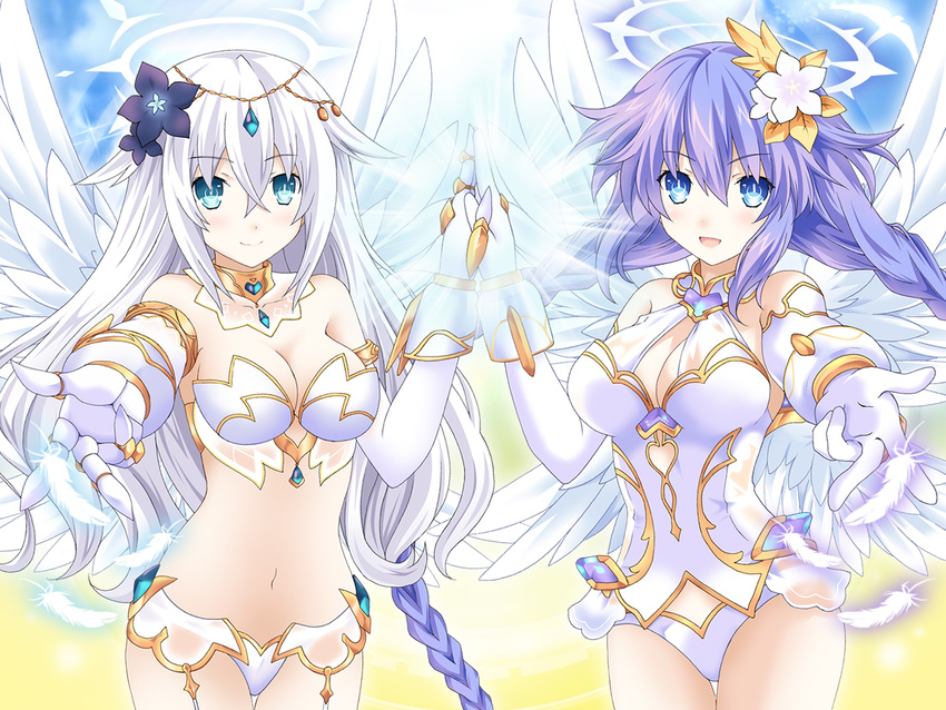 angel angel_wings bare_shoulders black_heart blue_eyes braid breasts cleavage feathered_wings four_goddesses_online:_cyber_dimension_neptune gloves hair_ornament kagura_ittou leotard long_hair looking_at_viewer medium_breasts multiple_girls neptune_(series) purple_hair purple_heart symbol-shaped_pupils twin_braids very_long_hair white_hair white_wings wings