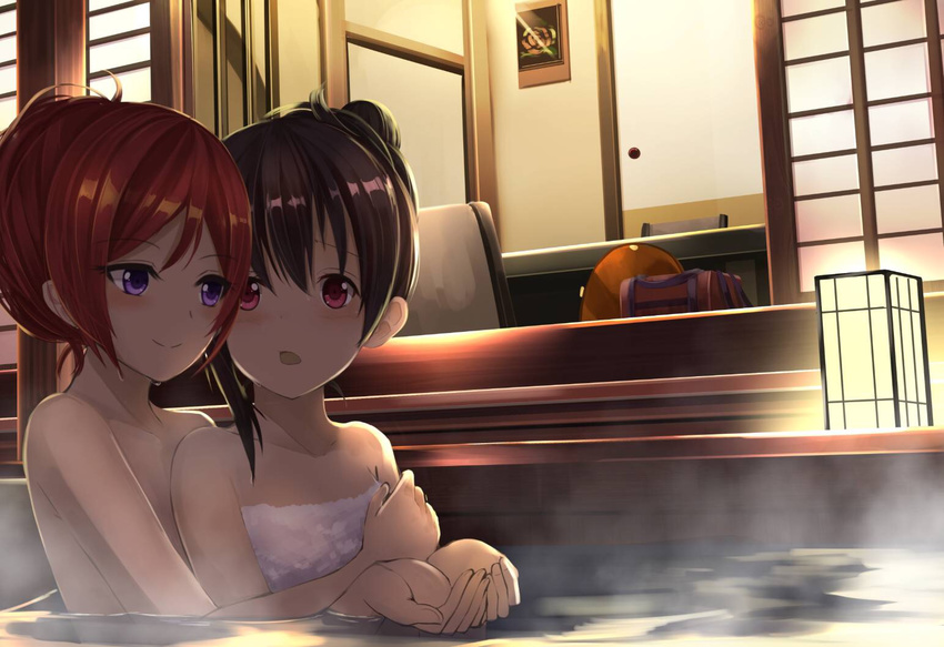 :o bag bare_shoulders bathing blush brown_hair collarbone duffel_bag eyebrows_visible_through_hair house hug hug_from_behind lantern looking_back love_live! love_live!_school_idol_project multiple_girls naked_towel nishikino_maki nude onsen open_mouth orein outdoors own_hands_together painting_(object) partially_submerged pink_eyes purple_eyes red_hair short_hair sliding_doors steam table tareme towel water white_towel yazawa_nico yuri