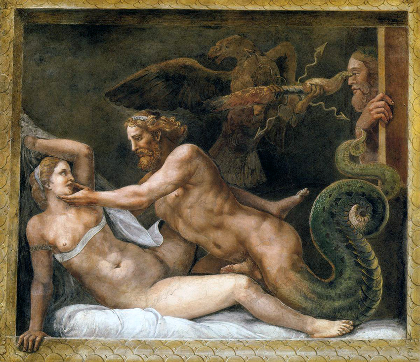 1528 16th_century ancient_furry_art avian balls beard bed bird blinding breasts deity eagle erection facial_hair feathered_wings feathers female feral fresco giulio_romano group hair human humanoid_penis hybrid jupiter lamia license_info lightning lightning_bolt lying male male/female mammal missionary_position navel nipples nude olympias_of_epirus on_back penis philip_ii_of_macedon proper_art public_domain renaissance reptile scalie sex side_view snake spread_wings thick_foreskin traditional_media_(artwork) uncut wings zeus