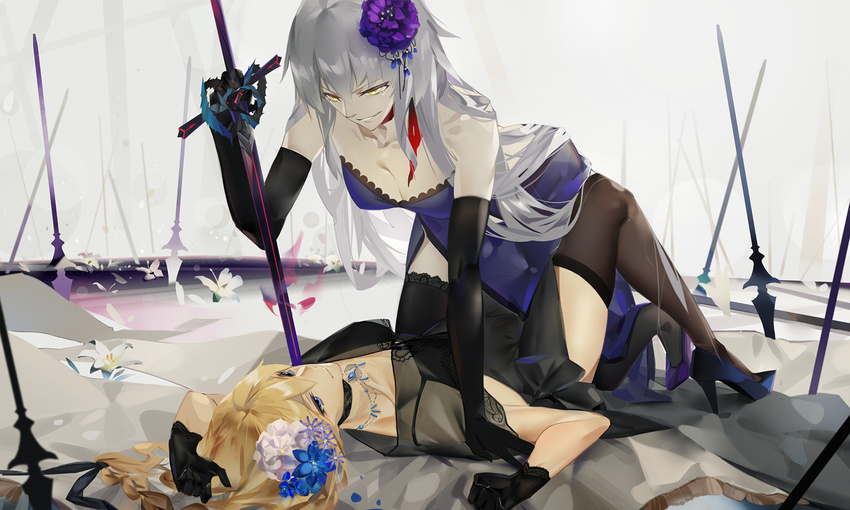 ae_(alter-c) arm_up black_gloves black_hair blonde_hair blue_dress blue_footwear braid breasts choker cleavage collarbone dress elbow_gloves fate/grand_order fate_(series) flower gloves grey_background hair_flower hair_ornament high_heels highres holding holding_sword holding_weapon jeanne_d'arc_(alter)_(fate) jeanne_d'arc_(fate) jeanne_d'arc_(fate)_(all) jewelry long_hair lying medium_breasts multiple_girls necklace on_back parted_lips polearm purple_flower purple_footwear red_ribbon ribbon ribbon_choker silver_hair single_braid sleeveless sleeveless_dress smile spear strapless strapless_dress sword thighhighs very_long_hair weapon white_flower yellow_eyes