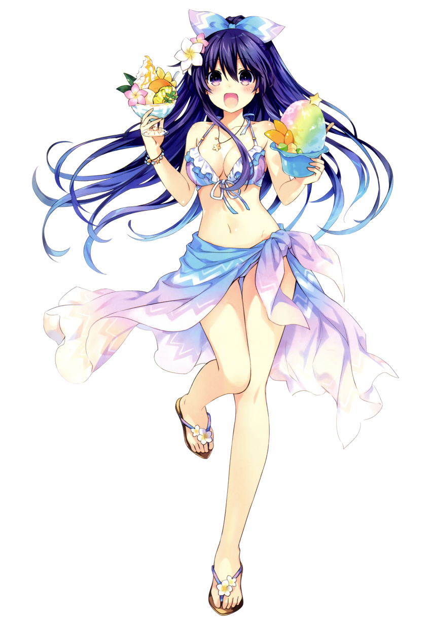 absurdres bangs bare_shoulders bikini blush bow breasts cleavage collarbone date_a_live eyebrows flower food frilled_bikini frills front-tie_top full_body highres holding huge_filesize ice_cream jewelry legs long_hair looking_at_viewer medium_breasts mouth navel necklace official_art open_mouth ornament ponytail purple_eyes purple_hair sandals sarong scan solo swimsuit thigh_gap tsunako visible_ears white_background yatogami_tooka