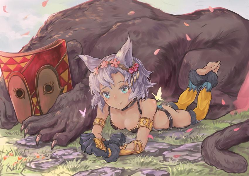 animal_ears aqua_eyes arm_support armlet ass bangs bare_shoulders barefoot belt black_scrunchie blush breasts brown_belt bug butterfly cat_ears cat_paws character_request cherry_blossoms claws cleavage closed_mouth collarbone colored_eyelashes commentary_request day detached_leggings erune eyelashes fantasy feathers feet_up flower flower_wreath fur-trimmed_pants fur_trim gloves gold_trim granblue_fantasy grass grey_hair grey_sky hair_feathers head_wreath highres insect lips looking_at_viewer lying medium_breasts melleau monster on_grass on_ground on_stomach outdoors parted_bangs paw_gloves paws pelvic_curtain petals pink_flower plantar_flexion raised_eyebrows scrunchie short_hair smile soles tan the_pose wavy_hair wrist_scrunchie yougen_kitsune