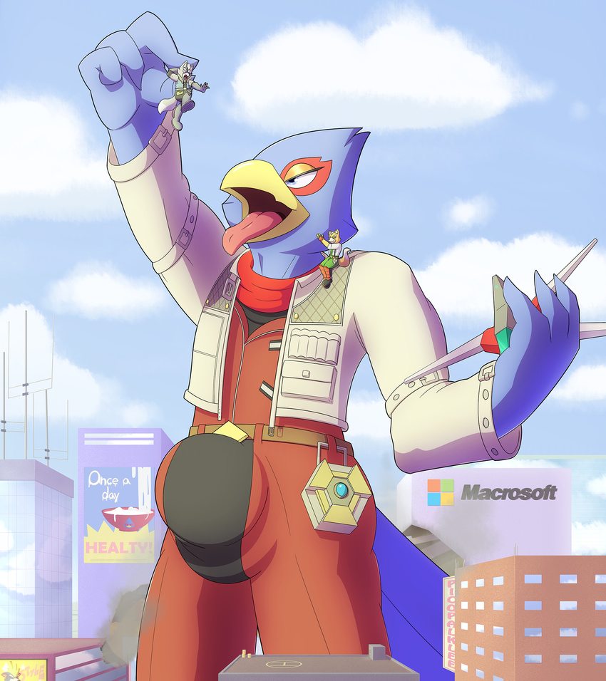 avian bird bulge canine city clothed clothing falco_lombardi fox fox_mccloud glomiagui macro male mammal nintendo open_mouth star_fox tongue tongue_out video_games vore wolf wolf_o'donnell wolfen