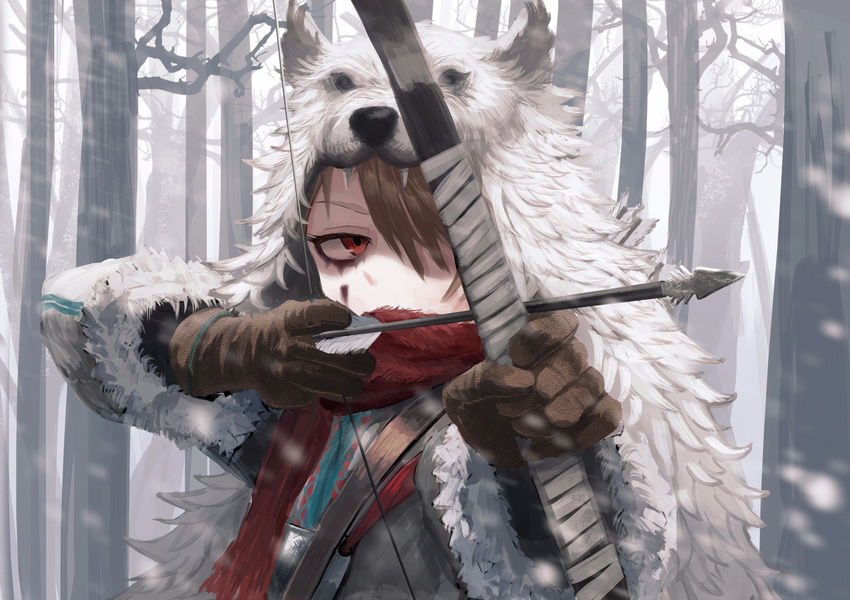 absurdres aiming arrow bow_(weapon) brown_gloves day drawing_bow forest fur_trim ginho gloves hair_over_one_eye highres holding holding_arrow holding_bow_(weapon) holding_weapon long_sleeves nature outdoors outstretched_arm pelt ready_to_draw red_eyes red_scarf scarf snowing solo tree weapon wolf_pelt