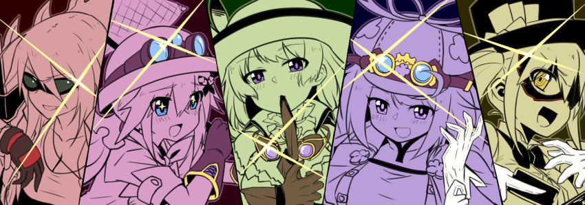 +_+ 5girls :d bangs biting blue_eyes blush cabbie_hat character_request closed_mouth domino_mask eyebrows_visible_through_hair flower_knight_girl glove_biting glove_in_mouth gloves gloves_removed goggles goggles_on_headwear green-tinted_eyewear grin hair_between_eyes hair_ornament hat head_tilt jacket komachisou_(flower_knight_girl) long_hair maronie_(flower_knight_girl) mask mizunashi_(second_run) mouth_hold multiple_girls open_mouth purple_eyes shirt short_sleeves smile streptocarpus_(flower_knight_girl) sunglasses top_hat warunasubi_(flower_knight_girl) yellow_eyes