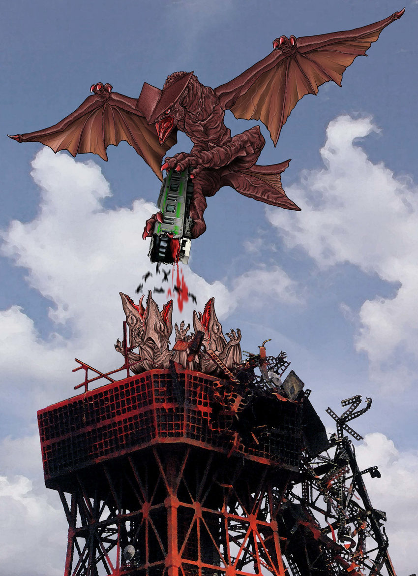 blood cloud death destruction eating gamera_(series) giant_monster gyaos horror kaijuu monster tokyo_tower train wings
