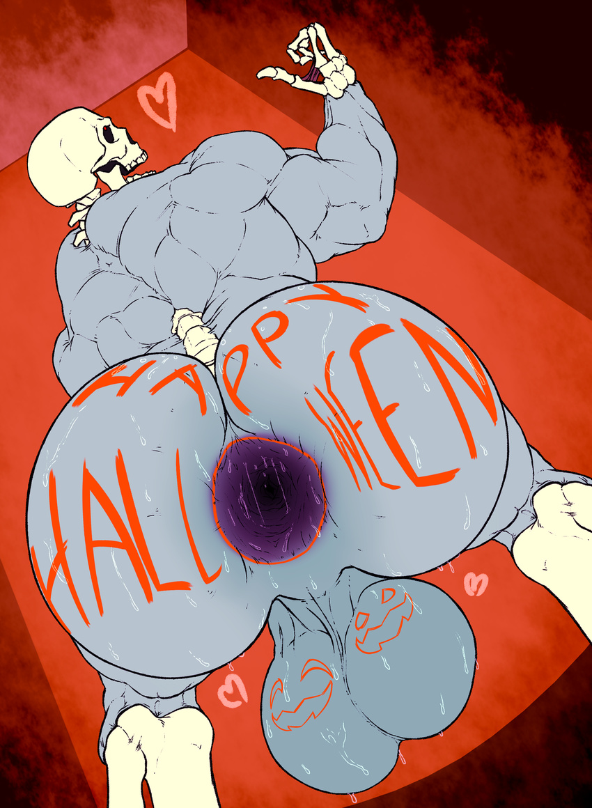 animated_skeleton anus backsack balls bent_over big_balls big_butt body_writing bodypaint bone butt gaping gaping_anus halloween holidays humanoid looking_back monstrous_humanoid mr_canvas muscular not_furry penis rear_view skeleton solo sweat thick_thighs undead