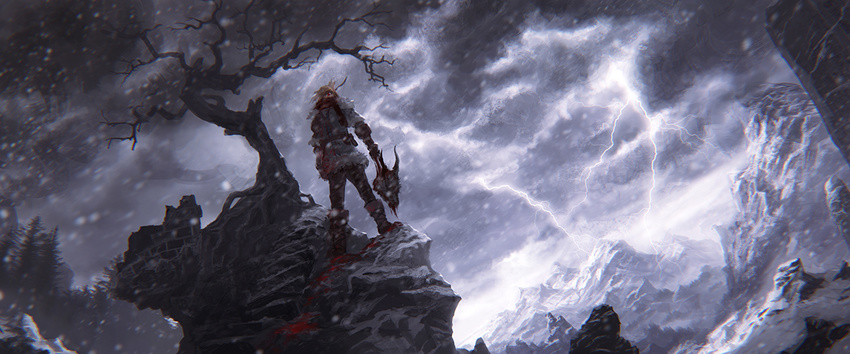 bare_tree blonde_hair blood boots cliff cloud cloudy_sky day decapitation forest fur_trim ginho holding lightning_bolt monster mountain nature original outdoors pine_tree scenery sky snowing solo tree wide_shot