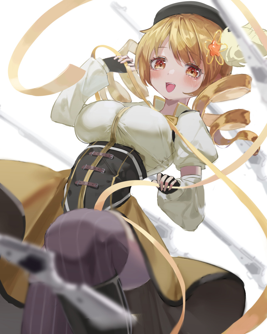 1girl absurdres black_footwear black_gloves blonde_hair blurry blush boots breasts brown_skirt corset depth_of_field detached_sleeves drill_hair dutch_angle fingerless_gloves gloves gun highres knee_boots large_breasts looking_at_viewer magical_musket mahou_shoujo_madoka_magica rerendi ribbon skirt smile solo teeth thighhighs thighs tomoe_mami upper_teeth weapon white_background