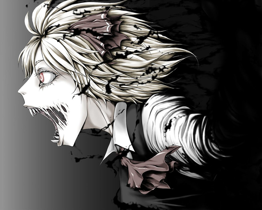 ascot big_mouth black_background blonde_hair commentary_request dark darkness eyelashes from_side gradient gradient_background grey_background hair_ribbon kazesayuru leaning_forward nose pale_skin profile red_eyes red_neckwear red_ribbon ribbon rumia sharp_teeth solo teeth touhou upper_body vest wing_collar