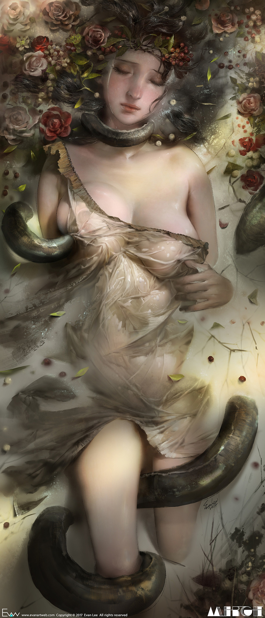 absurdres artist_name black_hair branch breasts closed_eyes closed_mouth collarbone dated evan_lee flower food fruit highres large_breasts long_hair original partially_submerged realistic rose see-through signature solo tentacles water watermark