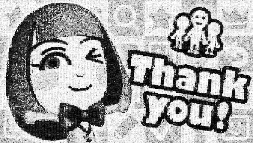 annotation_request bangs blunt_bangs bow bowtie collaboration collage commentary english greyscale highres incredibly_absurdres mii_(nintendo) miiverse monochrome nintendo one_eye_closed outstretched_arms smile thank_you