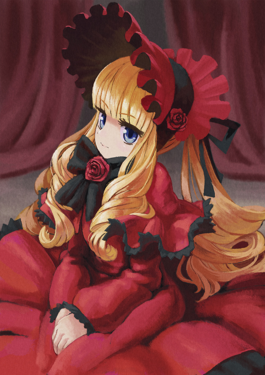3: bangs black_bow black_neckwear black_ribbon blonde_hair blue_eyes blunt_bangs blush bonnet bow bowtie capelet closed_mouth curtains dress drill_hair eyebrows eyebrows_visible_through_hair eyelashes flower hair_ribbon hands_together highres lips lolita_fashion long_hair looking_at_viewer pink_lips ponytail red red_capelet red_dress red_flower red_rose reiesu_(reis) ribbon ringlets rose rozen_maiden shinku sidelocks solo traditional_media v_arms