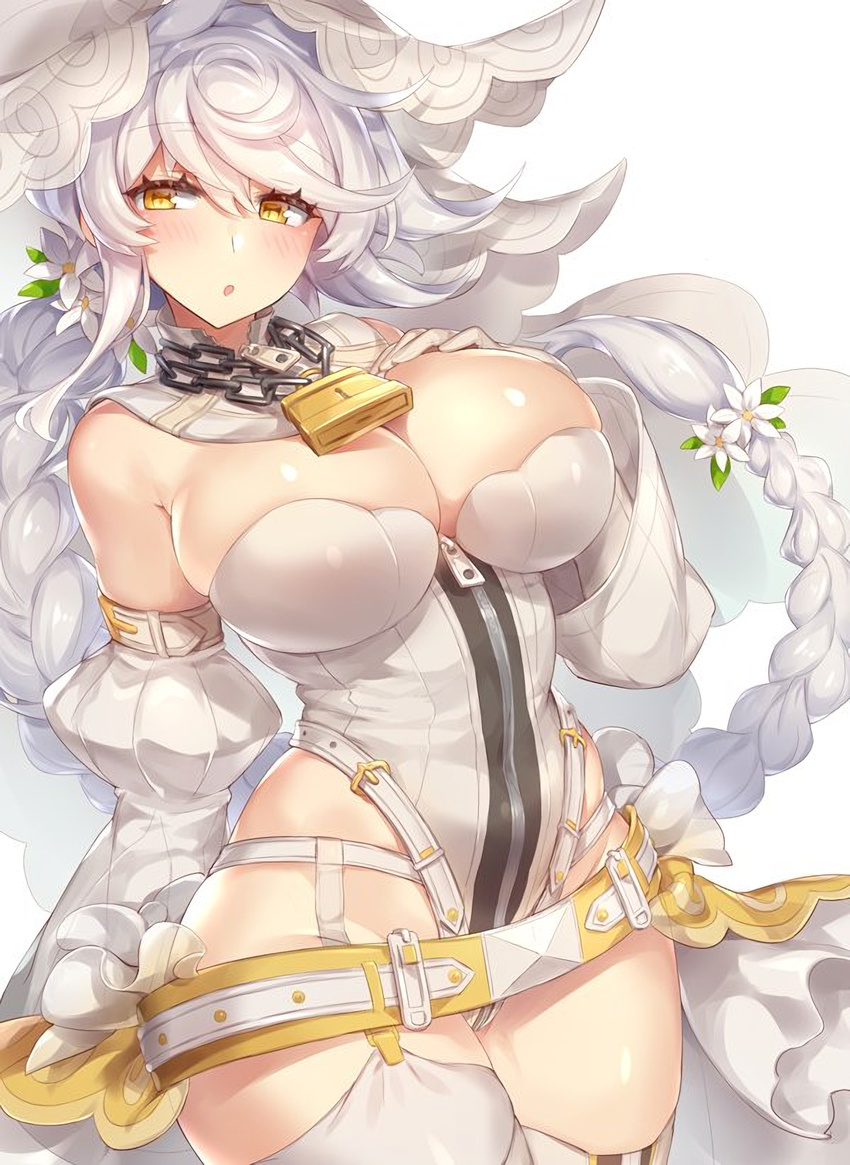 1girl asymmetrical_hair bangs bare_shoulders belt belt_buckle blush braid breasts bridal_veil buckle chain_necklace chains cleavage cosplay curvy detached_collar detached_sleeves fate/extra fate/extra_ccc fate_(series) flower garter_straps gloves hair_flower hair_ornament hand_on_own_chest highleg highleg_leotard hips jitome kantai_collection large_breasts leaf leotard lock long_hair looking_at_viewer open_mouth padlock puffy_sleeves saber_bride saber_bride_(cosplay) saber_extra silver_hair simple_background single_braid solo swept_bangs thick_thighs unryuu_(kantai_collection) veil very_long_hair waifu2x waist wavy_hair white_background white_gloves white_legwear white_leotard wide_hips yamaarashi yellow_eyes zipper zipper_pull_tab