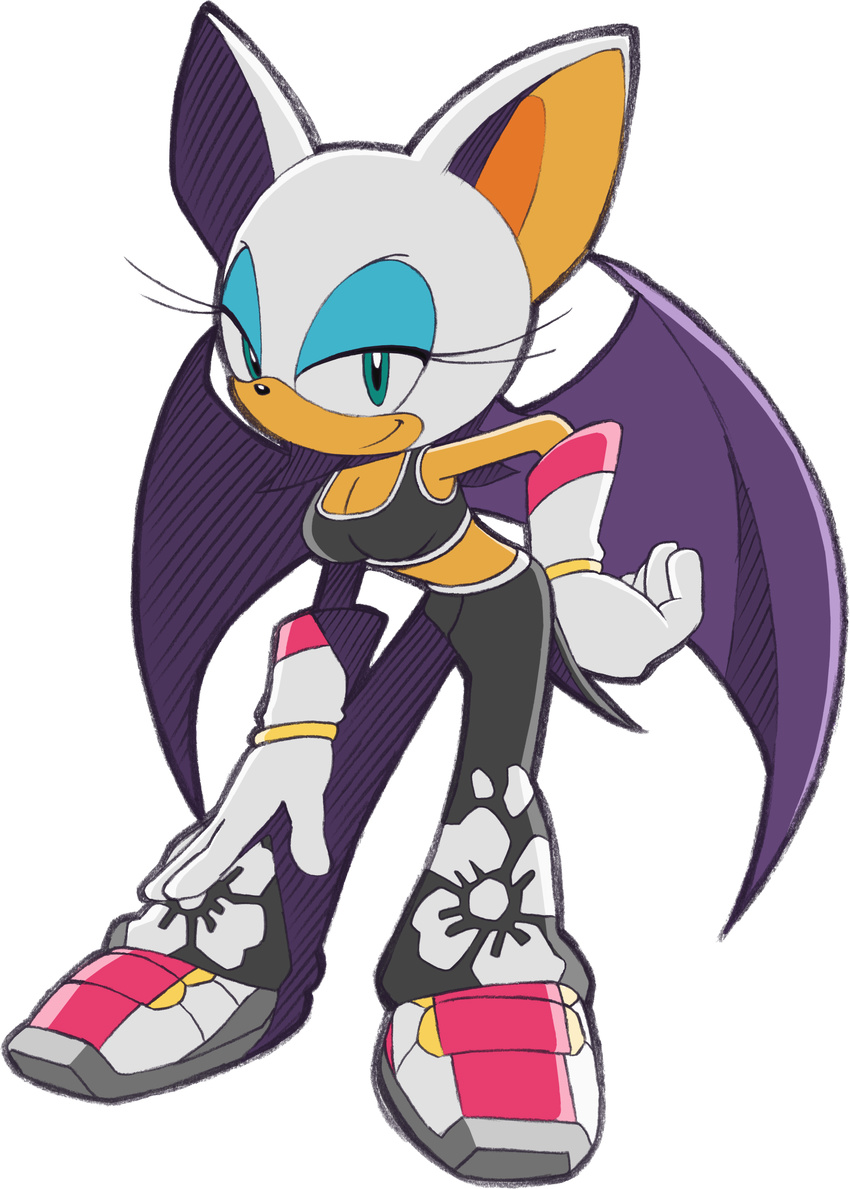 1girl breasts cleavage furry gloves green_eyes looking_at_viewer official_art rouge_the_bat sonic_riders sonic_the_hedgehog sports_bra wings