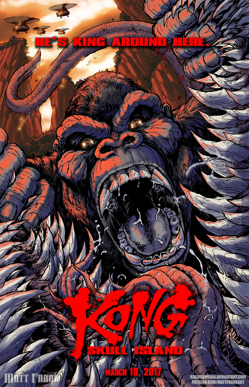 ape battle fight fighting giant_monster godzilla_(series) gorilla helicopter kaiju_samurai kaijuu king_kong king_kong_(series) kong:_skull_island legendary_pictures military military_vehicle monster monsterverse mountain movie_poster official_art poster skullcrawler sun teeth toho_(film_company) tongue tree