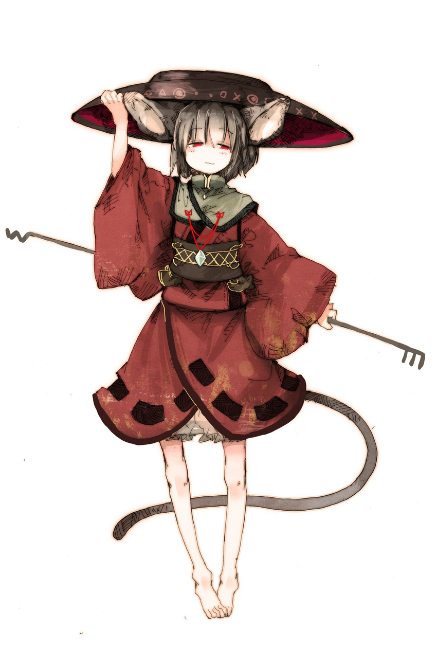 absurdres animal_ears bare_legs barefoot bloomers bowl bowl_hat capelet commentary_request cosplay daruia_(sabitare) full_body grey_hair hat highres japanese_clothes jewelry kimono mouse_ears mouse_tail nazrin obi pendant red_eyes red_kimono sash simple_background smile solo standing sukuna_shinmyoumaru sukuna_shinmyoumaru_(cosplay) tail touhou underwear white_background wide_sleeves