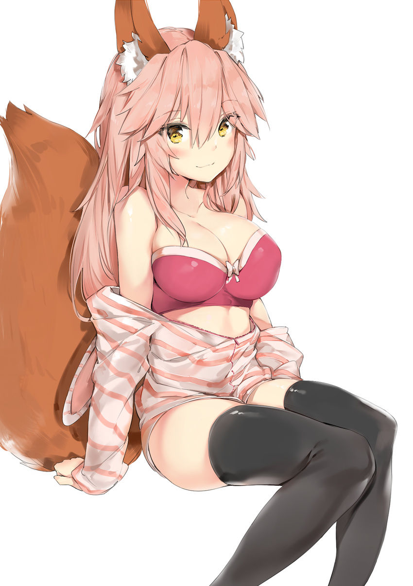 animal_ear_fluff animal_ears bangs bare_shoulders black_legwear blush bow bow_bra bra breasts cleavage closed_mouth collarbone eyebrows_visible_through_hair fate/extra fate_(series) fox_ears fox_tail hair_between_eyes highres hood knees_together_feet_apart large_breasts long_hair looking_at_viewer pink_bra silver_(chenwen) simple_background sitting smile solo strapless strapless_bra tail tamamo_(fate)_(all) tamamo_no_mae_(fate) thighhighs underwear white_background white_bow yellow_eyes