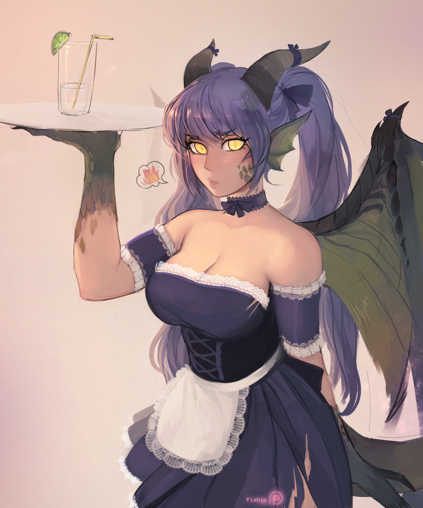 absurdres alternate_costume animal_ears apron arm_garter bangs bare_shoulders black_choker blue_hair blush breasts bright_pupils choker claws cleavage closed_mouth commentary cup dragon_(monster_girl_encyclopedia) dragon_girl dragon_horns dragon_tail dress drinking_glass drinking_straw enmaided eyebrows_visible_through_hair fire green_wings head_fins highres holding holding_tray horn_ornament horns large_breasts lime_slice long_hair looking_at_viewer maid maid_apron matilda_vin monster_girl monster_girl_encyclopedia patreon_logo patreon_username pout slit_pupils solo speech_bubble standing tail torn_clothes torn_dress tray twintails upper_body very_long_hair wings yellow_eyes