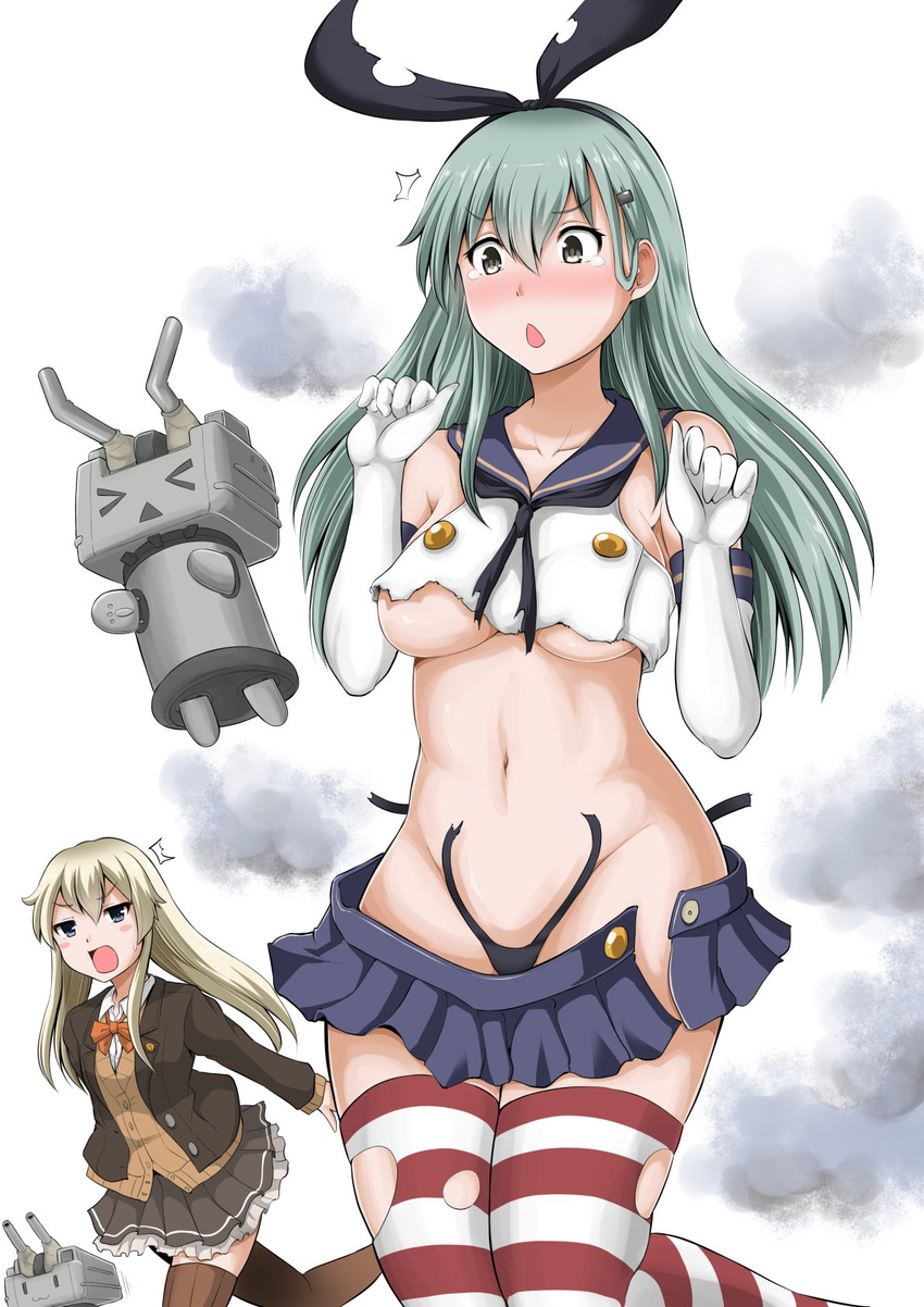 aqua_hair bare_shoulders black_panties blazer blonde_hair blue_skirt blush breasts brown_jacket brown_legwear brown_skirt collarbone commentary_request cosplay costume_switch elbow_gloves gloves green_eyes hair_ornament hairclip highres jacket kantai_collection large_breasts long_sleeves midriff miniskirt multiple_girls navel open_mouth panties pleated_skirt purple_eyes remodel_(kantai_collection) rensouhou-chan shimakaze_(kantai_collection) shimakaze_(kantai_collection)_(cosplay) simple_background skirt smoke striped striped_legwear suzuya_(kantai_collection) suzuya_(kantai_collection)_(cosplay) thighhighs thong torn_clothes torn_legwear underwear white_background yano_toshinori