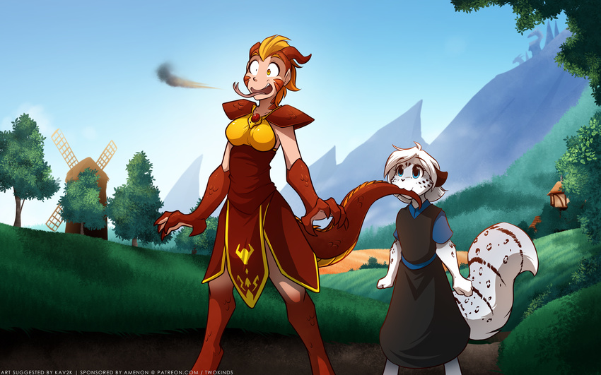 2017 adrakist age_difference animal_humanoid anthro armor bite blue_eyes breasts building cleavage clothed clothing cub cute detailed_background digitigrade dragon_humanoid dress duo female fire fire_breathing fluffy fluffy_tail forked_tongue fur gem grass grey_fur horn house humanoid keidran larger_female maeve_(twokinds) multicolored_fur nom open_mouth outside pain pauldron red_scales sarah_(twokinds) scales shocked size_difference smaller_female smile spots spotted_fur surprise tail_biting tail_nom tom_fischbach tongue tongue_out tree twokinds webcomic white_fur windmill yellow_eyes young