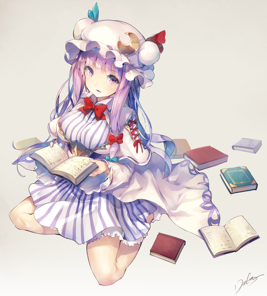 artist_name bangs bare_legs blue_bow blunt_bangs book bow bowtie breasts capelet commentary_request crescent crescent_hair_ornament deecha dress eyebrows_visible_through_hair full_body hair_bow hair_ornament hat highres holding holding_book large_breasts long_sleeves looking_at_viewer mob_cap patchouli_knowledge purple_eyes purple_hair red_bow red_neckwear sidelocks signature simple_background sitting solo striped striped_dress touhou white_hat