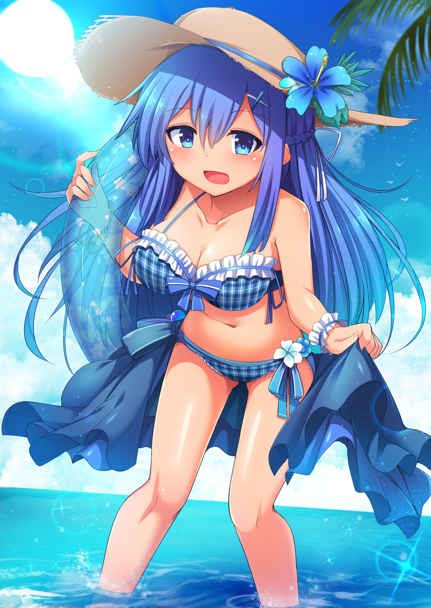 :d bent_over bikini blue_eyes blue_hair blue_innertube blue_sky breasts cleavage cloud cloudy_sky collarbone commentary_request day hair_ornament hairpin hat highres horizon innertube large_breasts long_hair looking_at_viewer navel ocean open_mouth original plaid plaid_bikini shallow_water sky smile snow_(gi66gotyo) solo sun_hat swimsuit