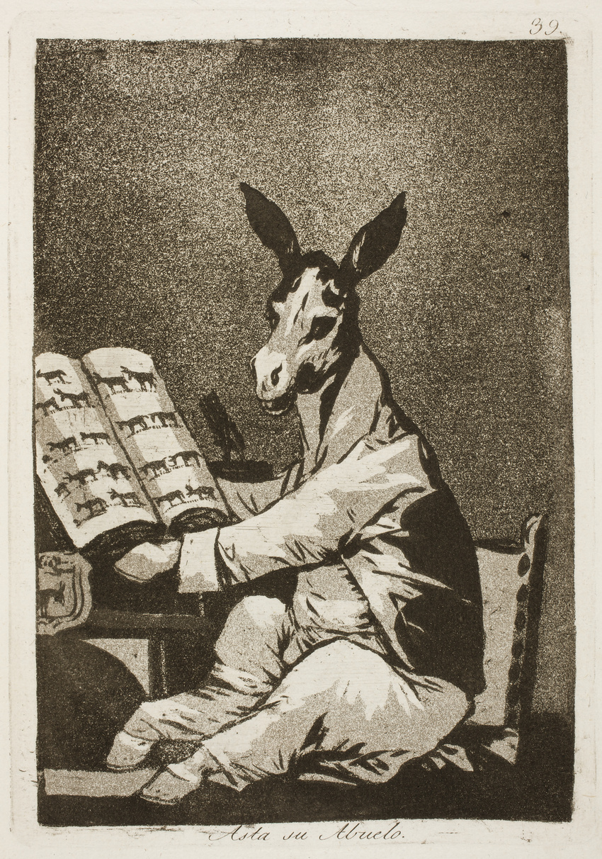 1799 18th_century ancient_furry_art aquatint book chair clothed clothing donkey emblem equine etching francisco_goya hi_res hooves jacket license_info los_caprichos male mammal monochrome pants public_domain semi-anthro sepia simple_background sitting solo spanish_text table text traditional_media_(artwork)