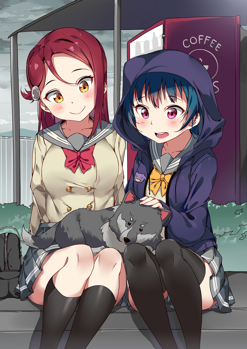 animal animal_on_lap anko_(love_live!_sunshine!!) bag bangs black_legwear blue_hair blush bow bowtie breasts bus_stop dog double-breasted hair_ornament hairclip highres hood hooded_jacket jacket kneehighs large_breasts long_sleeves love_live! love_live!_sunshine!! multiple_girls open_mouth petting pleated_skirt purple_eyes purple_jacket red_hair red_neckwear sakurauchi_riko school_bag school_uniform serafuku sitting skirt smile tem10 thighhighs tsushima_yoshiko uranohoshi_school_uniform vending_machine yellow_eyes yellow_neckwear