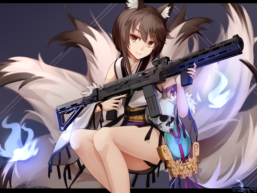 animal_ears bangs bare_legs barefoot blue_fire brown_eyes brown_hair chinese_clothes closed_mouth commentary_request detached_sleeves fire fox_ears fox_tail full_body girls_frontline gun highres holding holding_gun holding_weapon jewelry kitsune legs_together light_smile magpul multiple_tails obi revision sash sidelocks skull sleeveless smile solo submachine_gun tail tsurime type_79_(girls_frontline) type_79_smg vectorek vertical_foregrip weapon