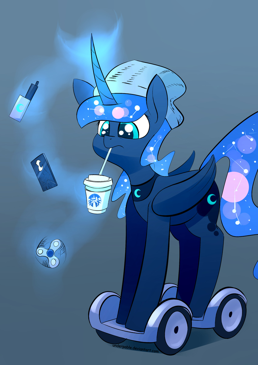 2017 absurd_res beverage blue_eyes cellphone coffee digital_media_(artwork) drinking equine feathered_wings feathers fidget_spinner friendship_is_magic hi_res hooves horn mammal my_little_pony phone princess_luna_(mlp) segway simple_background solo underpable vape winged_unicorn wings