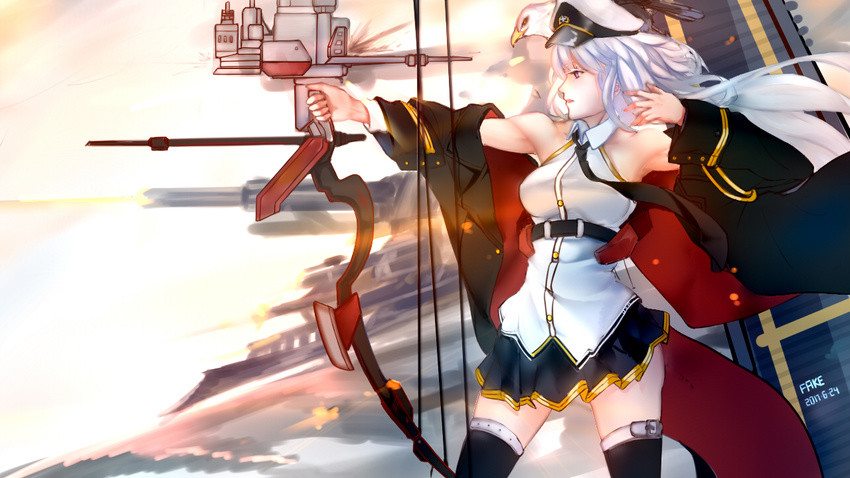 azur_lane belt bird black_coat bow_(weapon) breasts cowboy_shot eagle enterprise_(azur_lane) fake hair_between_eyes hat holding holding_bow_(weapon) holding_weapon large_breasts long_hair miniskirt necktie peaked_cap pleated_skirt purple_eyes shirt silver_hair skirt sleeveless sleeveless_shirt solo thighhighs uss_enterprise_(cv-6) weapon