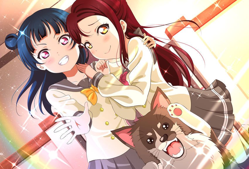 absurdres anko_(love_live!_sunshine!!) arm_around_shoulder bangs blue_hair blush bow bowtie clenched_hand commentary_request dog double-breasted dutch_angle grin hair_ornament hairclip half_updo hand_on_another's_shoulder highres isami_don long_hair long_sleeves looking_at_viewer love_live! love_live!_sunshine!! miniskirt multiple_girls outstretched_hand paw_up pleated_skirt purple_eyes rainbow red_hair red_neckwear sakurauchi_riko school_uniform serafuku side_bun skirt smile sparkle tsushima_yoshiko yellow_eyes yellow_neckwear