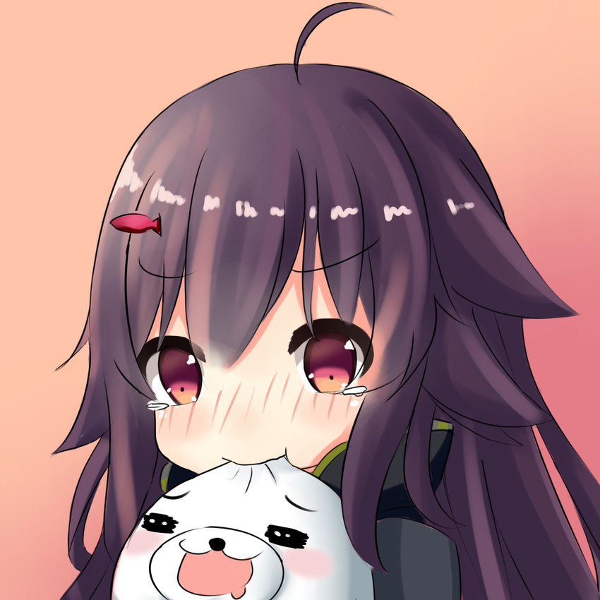 :t ahoge bangs biting blush closed_mouth commentary_request eyebrows_visible_through_hair fish_hair_ornament girls_frontline gradient gradient_background hair_flaps hair_ornament highres long_hair looking_at_viewer norikoseal nose_blush orange_background p226_(girls_frontline) petite purple_eyes purple_hair seal solo tears upper_body v-shaped_eyebrows