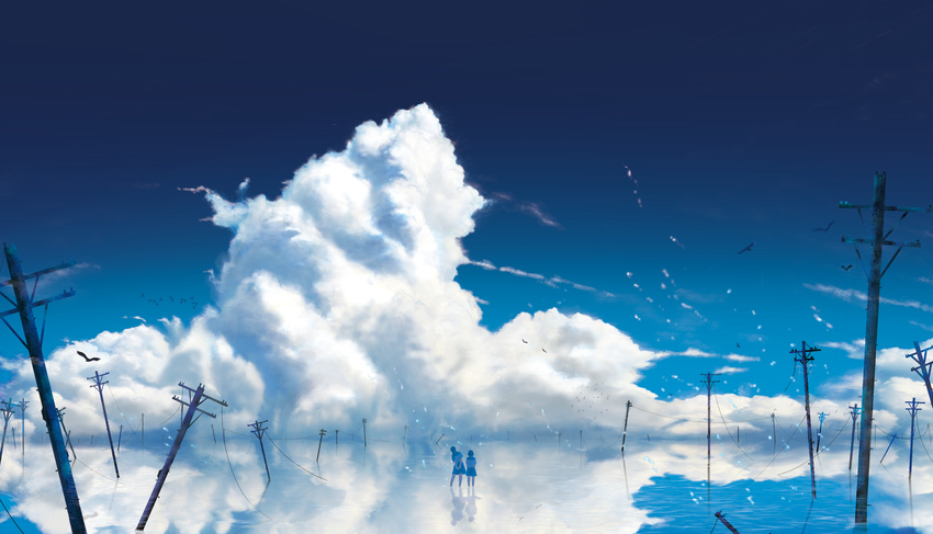 absurdres aki_(aki_k6) arms_behind_back blue blue_sailor_collar blue_sky cloud day highres leaning_to_the_side long_hair multiple_girls original outdoors power_lines reflection ruins sailor_collar scenery school_uniform serafuku short_hair skirt sky standing standing_on_liquid telephone_pole water water_surface