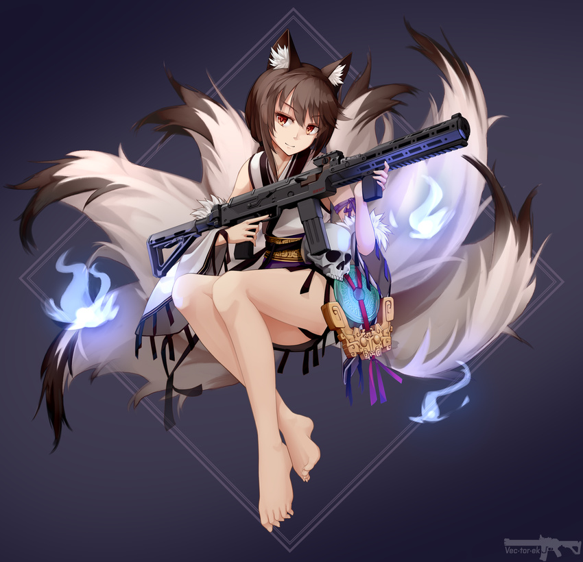 absurdres animal_ears bangs bare_legs barefoot blue_fire brown_eyes brown_hair chinese_clothes closed_mouth detached_sleeves fire fox_ears fox_tail full_body girls_frontline gun highres holding holding_gun holding_weapon jewelry kitsune legs_together light_smile magpul multiple_tails obi revision sash sidelocks skull sleeveless smile solo submachine_gun tail tsurime type_79_(girls_frontline) type_79_smg vectorek vertical_foregrip weapon