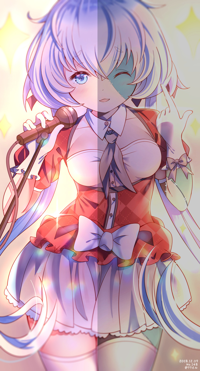 1girl absurdres blue_eyes blush dual_persona eyebrows_visible_through_hair gloves hair_ribbon highres holding holding_microphone idol jiaxi_daze konno_junko long_hair looking_at_viewer low_twintails microphone microphone_stand one_eye_closed patchwork_skin ribbon silver_hair solo twintails zombie zombie_land_saga