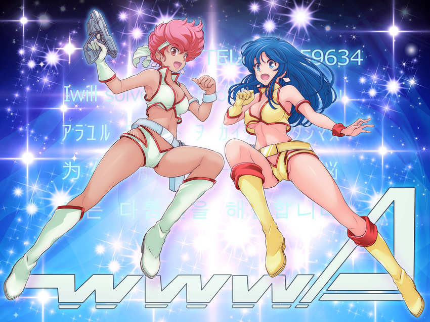 :d armlet armpits ass background_text bandana bangs bare_arms bare_shoulders belt blue_background blue_eyes blue_hair boots breasts cameltoe chinese cleavage clenched_hand collarbone commentary_request crop_top crop_top_overhang dark_skin dirty_pair earrings english eyebrows_visible_through_hair eyelashes eyes_visible_through_hair finger_on_trigger full_body gloves gun hair_between_eyes hand_up hands_up happy high_collar high_heel_boots high_heels highres holding holding_gun holding_weapon holster jewelry kei_(dirty_pair) knee_boots knee_up korean long_hair looking_at_viewer loose_belt matching_outfit medium_breasts midriff multiple_girls navel oldschool open_mouth pink_hair raised_eyebrows red_eyes science_fiction shirt short_hair side_cutout sideboob single_glove sleeveless sleeveless_shirt smile sparkle sparkle_background stomach thumbs_up toned translation_request underboob v-mag weapon white_belt white_footwear white_gloves wristband yellow_belt yellow_footwear yuri_(dirty_pair)
