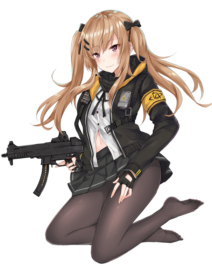 :3 absurdres black_scarf black_skirt blush brown_hair coffeedog commentary_request eyebrows_visible_through_hair fingerless_gloves full_body girls_frontline gloves gun hair_ornament hair_ribbon hairclip hand_on_hip heckler_&amp;_koch highres hood hood_down jacket long_hair looking_at_viewer navel neck_ribbon no_shoes pantyhose red_eyes ribbon scar scar_across_eye scarf shirt skirt smile solo submachine_gun twintails ump9_(girls_frontline) weapon