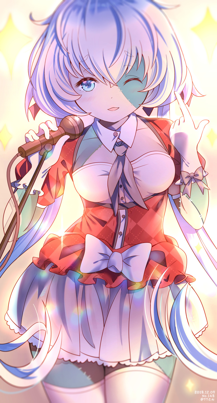 1girl absurdres blue_eyes blush eyebrows_visible_through_hair gloves hair_ribbon highres holding holding_microphone idol jiaxi_daze konno_junko long_hair looking_at_viewer low_twintails microphone microphone_stand one_eye_closed patchwork_skin ribbon silver_hair solo twintails zombie zombie_land_saga