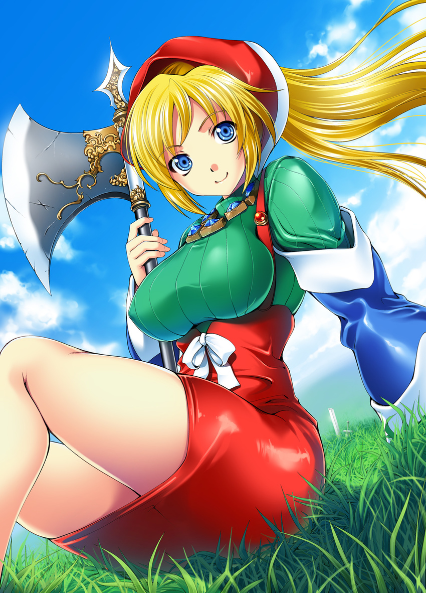 arm_at_side arm_support axe bangs bare_legs blonde_hair blue_eyes blue_sky broken broken_sword broken_weapon closed_mouth cloud cloudy_sky day detached_sleeves eyebrows_visible_through_hair floating_hair grass green_sweater headdress high-waist_skirt highres holding holding_axe holding_weapon jewelry knees_up long_hair long_sleeves looking_at_viewer meythia miniskirt necklace outdoors planted_sword planted_weapon reclining red_skirt ribbed_sweater ribbon saga saga_frontier_2 sidelocks sitting skirt sky smile solo sweater sword turtleneck turtleneck_sweater weapon white_ribbon wind zankuro