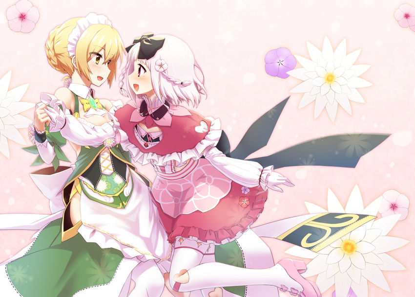 black_bow blonde_hair boots bow bowtie braid brooch eye_contact flower flower_knight_girl frilled_hairband frills gem gloves green_skirt hair_bow hair_flower hair_ornament hairband holding_hands jewelry looking_at_another mizunashi_(second_run) multiple_girls nichinichisou_(flower_knight_girl) pantyhose pink_skirt profile red_eyes shawl short_hair skirt smile suiren_(flower_knight_girl) thigh_boots thighhighs white_footwear white_gloves white_hair white_hairband white_legwear yellow_bow yellow_eyes