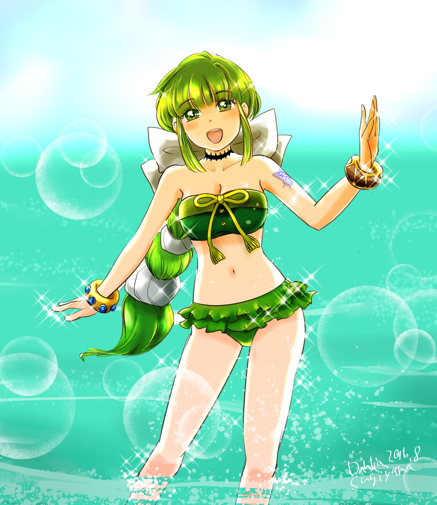 bare_shoulders breasts cleavage collarbone day green_eyes green_hair highres long_hair looking_at_viewer medium_breasts multi-tied_hair navel ocean outdoors ponytail ribbon saga saga_frontier_2 sg_dahlia smile solo swimsuit virginia_knights