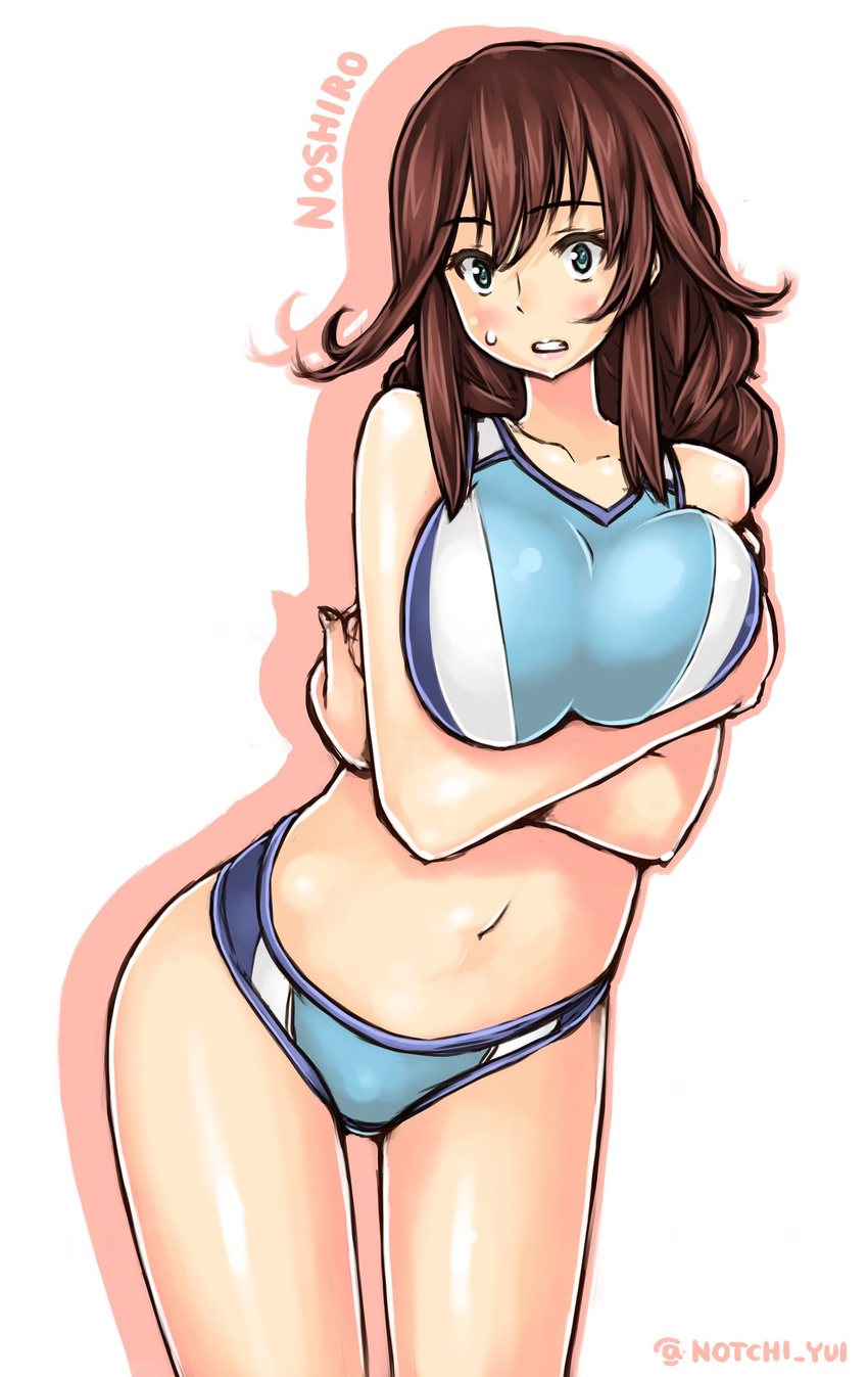 absurdres bare_shoulders blue_eyes blush braid breasts brown_hair character_name collarbone cowboy_shot highres kantai_collection large_breasts long_hair looking_at_viewer midriff navel noshiro_(kantai_collection) notchi simple_background solo twin_braids twitter_username white_background