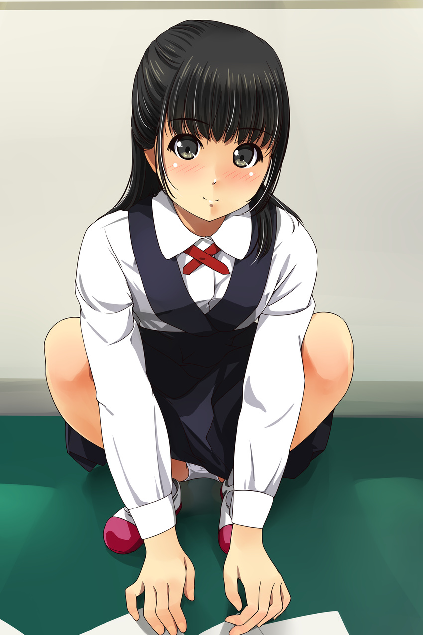 absurdres bangs black_eyes black_hair blush bolo_tie dress eyebrows_visible_through_hair highres long_hair long_sleeves looking_at_viewer matsunaga_kouyou md5_mismatch original panties pantyshot pantyshot_(squatting) pinafore_dress school_uniform shirt shoes smile solo squatting underwear uwabaki white_background white_shirt