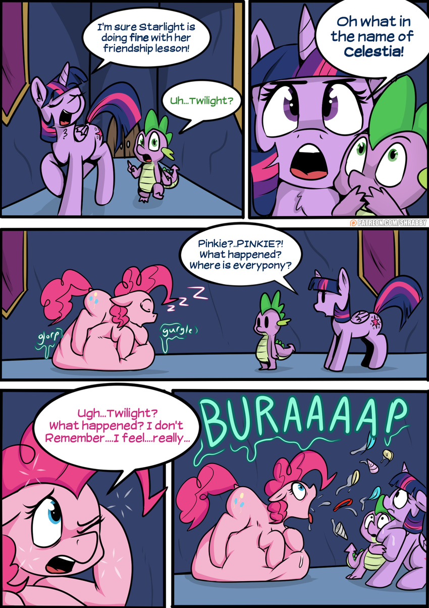2017 comic cutie_mark dialogue digestion dragon earth_pony english_text equine eyes_closed fatal female feral friendship_is_magic green_eyes group hair hi_res horn horse mammal my_little_pony open_mouth pink_hair pinkie_pie_(mlp) pony purple_eyes shrabby sleeping sound_effects spike_(mlp) starlight_glimmer_(mlp) text vore winged_unicorn wings zzz