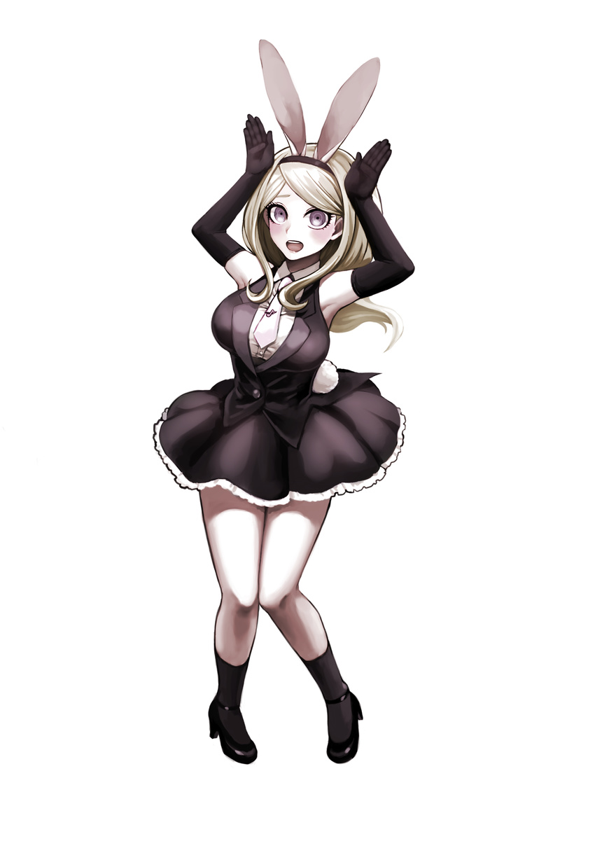 akamatsu_kaede animal_ears armpits black_gloves black_hairband black_legwear black_skirt blush breasts bunny_ears bunny_girl danganronpa dress_shirt elbow_gloves fake_animal_ears full_body gloves grey_eyes hairband high_heels highres large_breasts looking_at_viewer miniskirt necktie new_danganronpa_v3 open_mouth sako shirt simple_background skirt sleeveless solo white_background white_neckwear white_shirt