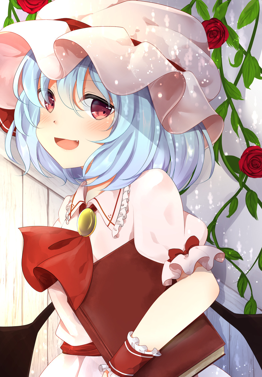 :d ascot bangs blue_hair blush book commentary_request dress eyebrows_visible_through_hair fang flower frills gem hat highres holding holding_book looking_at_viewer miri_(miri0xl) mob_cap open_mouth pink_dress puffy_short_sleeves puffy_sleeves red_eyes red_flower red_neckwear red_rose remilia_scarlet rose short_hair short_sleeves smile solo touhou upper_body wings wooden_wall wristband