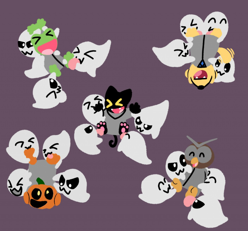 2016 amphibian anthro avian bird canine cat clothed clothing dog feline food frog fruit ghost halloween holidays jeffthet laugh licking magic_cat_academy mammal momo_(google) owl pumpkin spirit tickling tongue tongue_out yellow_eyes